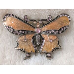 Large Butterfly Belt Buckle Silver Tone Pink Rhinestone Enamel Boho Y2K